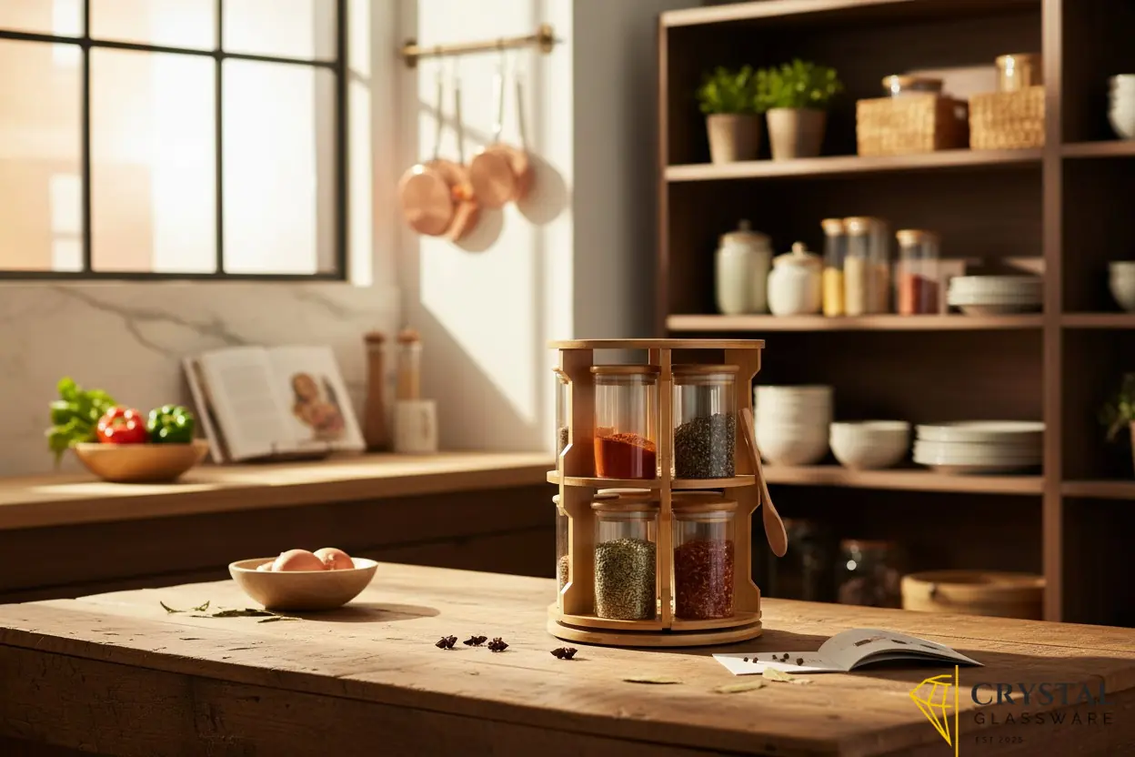 Spice storage 360° rotating bamboo rack and 10 borosilicate glass jars